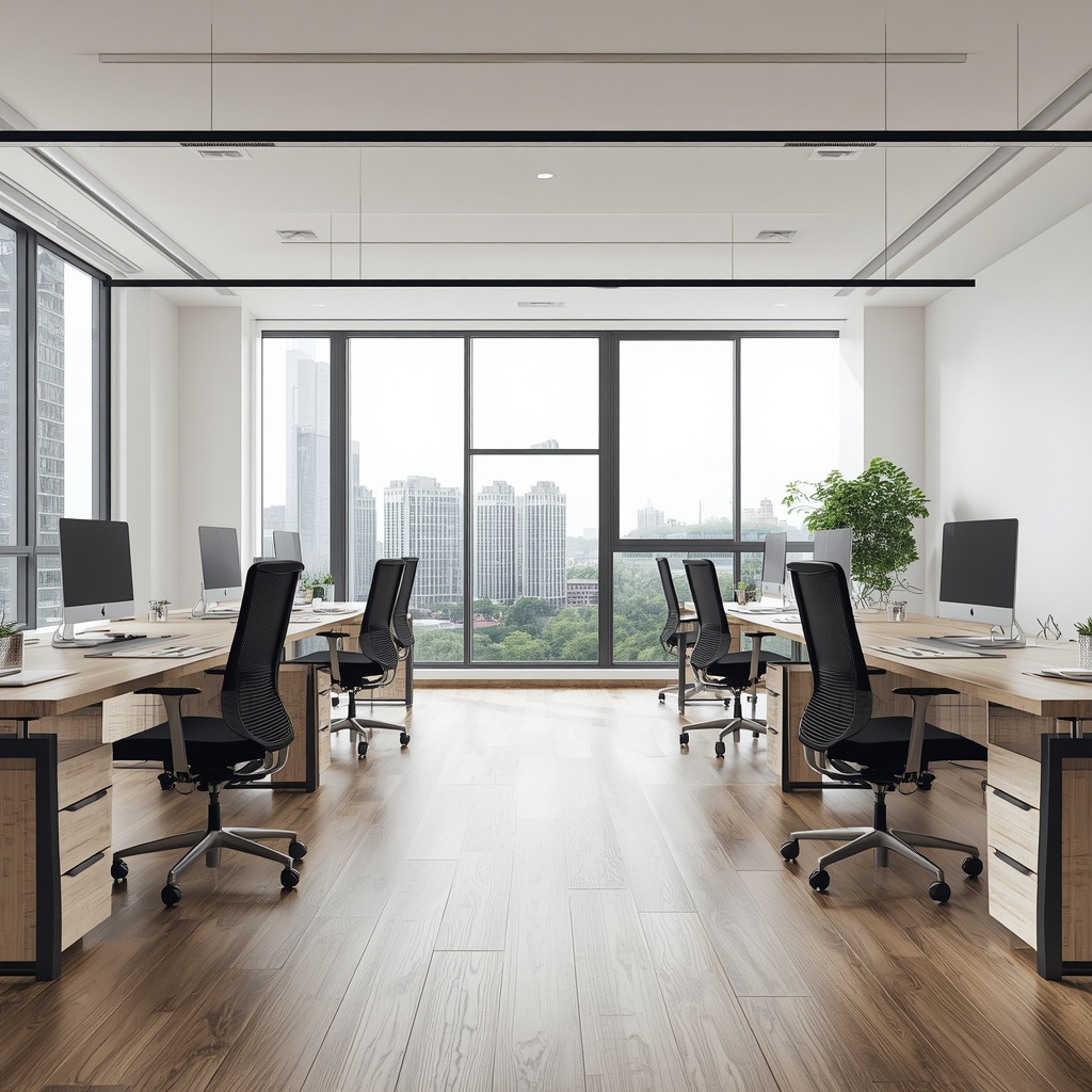 Modern minimalist office space with wooden desks, ergonomic chairs, and large windows with natural light creating a calm productive atmosphere
